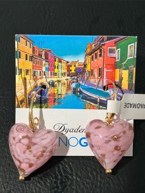 18K Gold Plate Bronze Murano Glass Heart Shaped Dangle Earrings Dyadema Italian